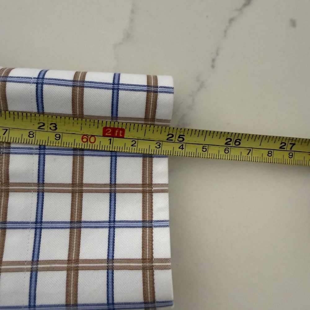 David Donahue Shirt Mens 17.5 34/35 Cotton Plaid Button Up Long Slv Brown Blue - Picture 9 of 13